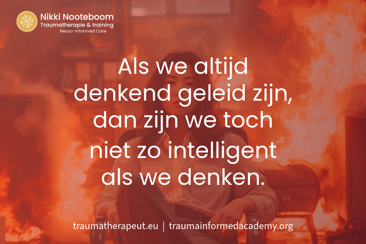 Foto van vrouw die in een stoel zit voor een afbrandende kamer als metafoor van destructie door het denkende brein